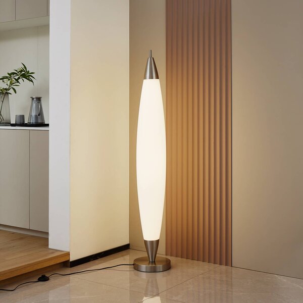 Lucande LED állólámpa Tarell, fehér/nikkel, 146 cm, fényerőszabályzóval, dimmelhető, Fehér / opál, Nappali / Étkező, Műanyag, Modern