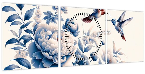 Kép - Kolibrik a virág felett (órával) (90x30 cm)