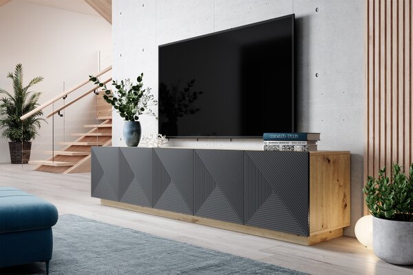 Asha RTV szekrény 200 cm ötszekciós, bordázott fronttal - artisan / rivier stone matt