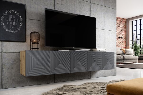 Asha falra szerelhető TV szekrény 200 cm, bordázott előlap - artisan / rivier stone matt