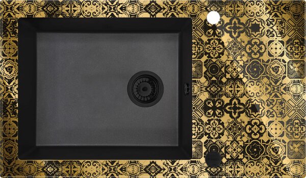Deante Capella üveg-gránit mosogató 860x500x220 mm + helytakarékos szifon, 1 kamrás, arany - fekete mintás, ZSC_GG2C