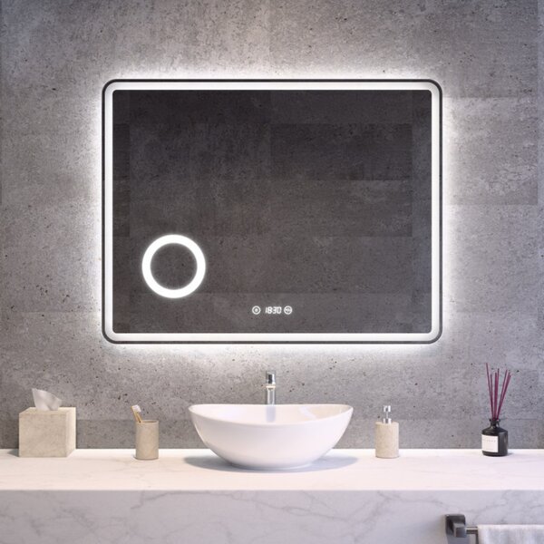 Fürdőszobai LED tükör 90x70cm | Páramentesítő - Kozmetikai tükör - Fényerő + színhőfok állítás - Digitális óra | Welland Luxury-Line G796