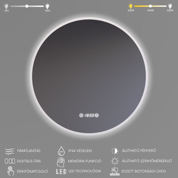 Kerek Led tükör Ø60cm Welland Alpha | Páramentesítő - Óra - Fényerő + színhőfok állítás