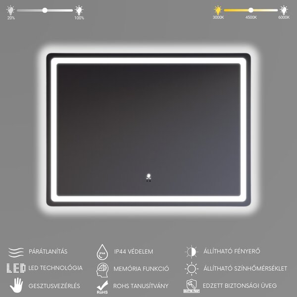 Fekvő fürdőszobai LED tükör 80x60cm | Gesztusvezérlés - Páramentesítő - Fényerő és színhőmérséklet szabályozás | Welland Type20H