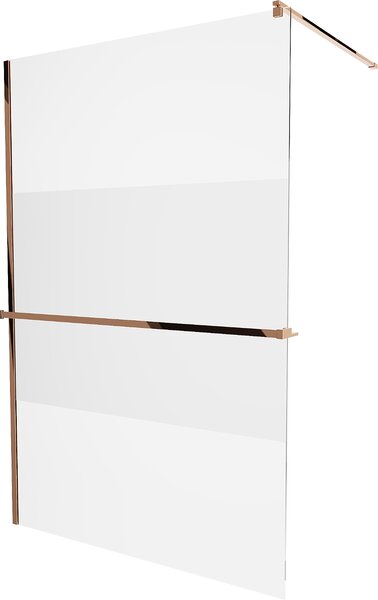 Mexen Kioto +, zuhany paraván polccal és törölközőtartóval 140 x 200 cm, 8 mm-es átlátszó üveg fagyminta, rózsa arany profil, 800-140-121-60-35