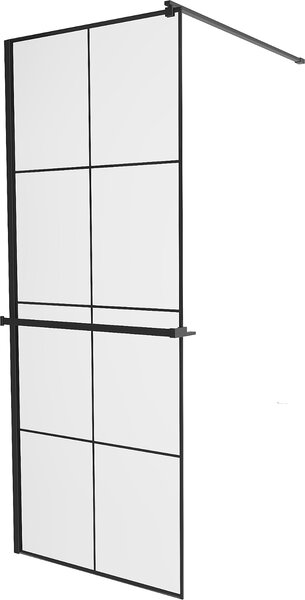 Mexen Kioto +, zuhany paraván polccal és törölközőtartóval 70 x 200 cm, 8mm üveg átlátszó üvegmintás fekete, fekete profil, 800-070-121-70-77
