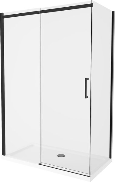 Mexen Omega, tolóajtós zuhanykabin 130 (ajtó) x 70 (fali) cm, 8mm átlátszó üveg, fekete profil + vékony fehér zuhanytálca fekete szifonnal, 825-130-070-70-00-4010B