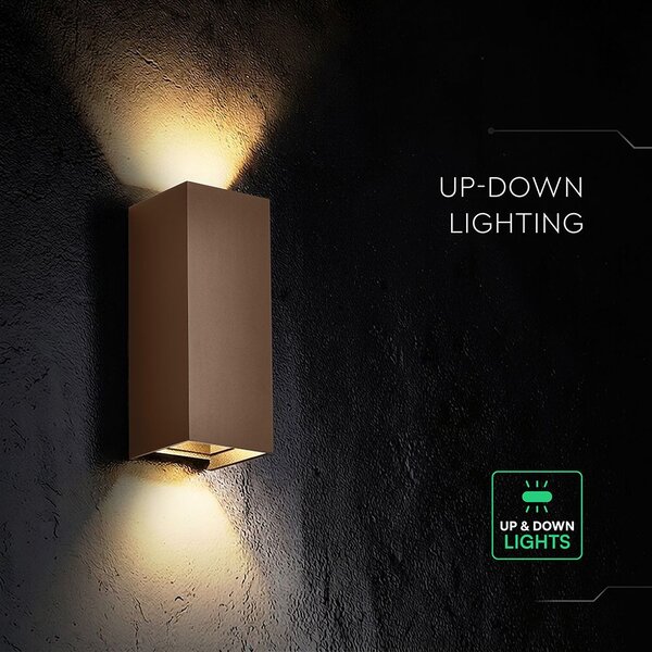 V-TAC kültéri, kétirányú szögletes 10W corten barna fali LED lámpa, CCT - SKU 24347
