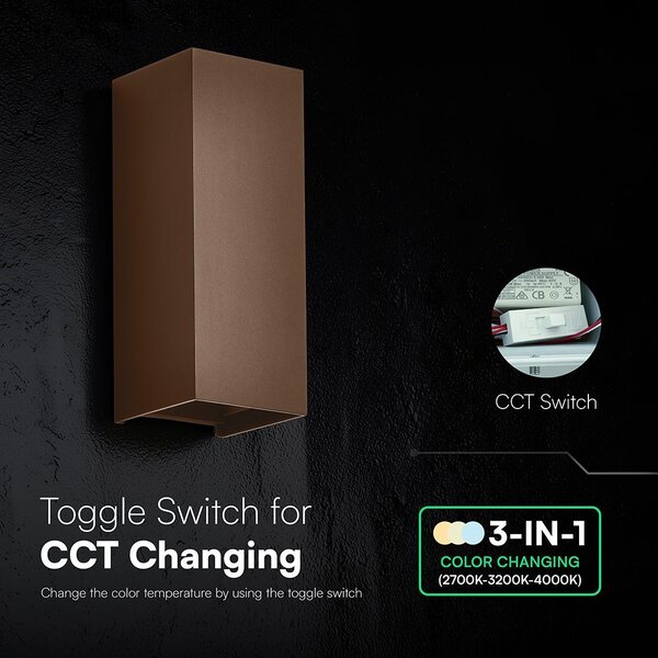 V-TAC kültéri, kétirányú szögletes 10W corten barna fali LED lámpa, CCT - SKU 24347