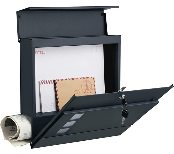 Zárható postaláda újságtartóval, falra, kerítésre szerelhető, antricit szürke
