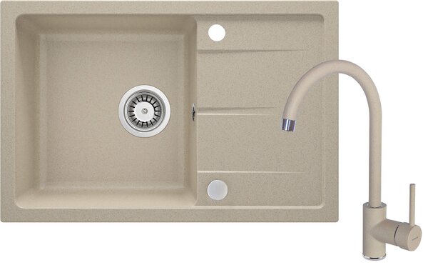 Deante Leda, gránit 1kamrás mosogató tányérhoz 670x440x164 mm + mosogató keverő BEN 762M homok + szifon, homok, ZRDA7113