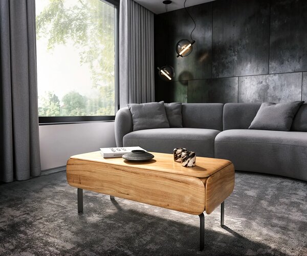 DELIFE Dohányzóasztal Shavani 100x50 cm akác természetes 1 fiók L alakú fém láb fekete