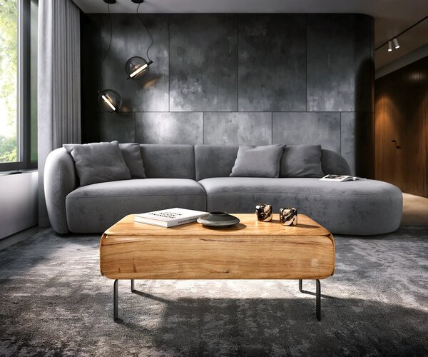 DELIFE Dohányzóasztal Shavani 100x50 cm akác természetes 1 fiók L alakú fém láb fekete