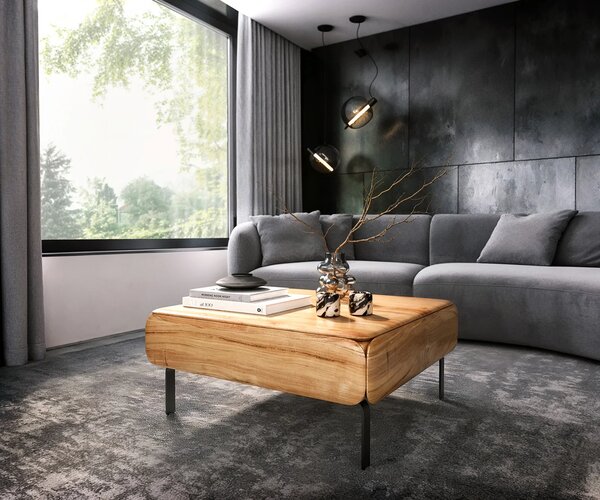 DELIFE Dohányzóasztal Shavani 90x90 cm akác természetes 2 ajtós "L" alakú fém fekete láb