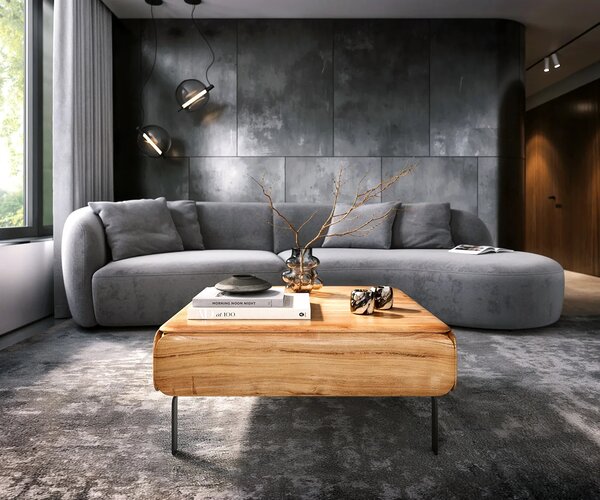 DELIFE Dohányzóasztal Shavani 90x90 cm akác természetes 2 ajtós "L" alakú fém fekete láb