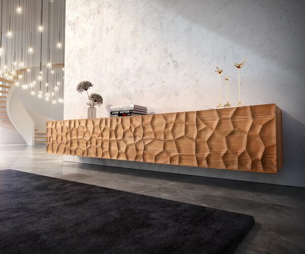 DELIFE TV szekrény Solu 260 cm akác természetes 2 ajtós 6 fiókos lebegő 3D előlap