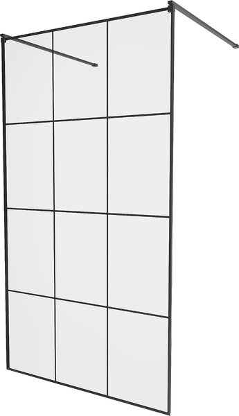Mexen Kioto, átmenő zuhanyparaván 100 x 200 cm, 8mm átlátszó üveg / fekete mintás, 2x fekete stabilizáló távtartó, 800-100-002-70-77