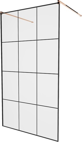 Mexen Kioto, átmenő zuhanyparaván 100 x 200 cm, 8 mm-es üveg átlátszó/fekete mintázattal, 2x rózsaszín arany stabilizáló távtartóval, 800-100-002-60-77