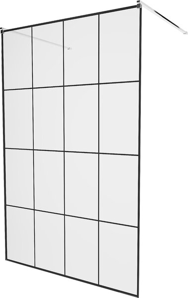 Mexen Kioto, átmenő zuhanyparaván 130 x 200 cm, 8 mm-es üveg átlátszó / fekete mintás, 2 x króm stabilizáló távtartó, 800-130-002-01-77