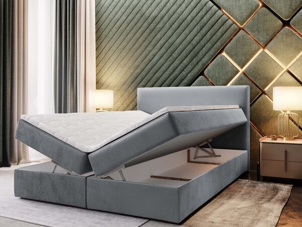 LENTE ágyneműtartós kárpitozott boxspring ágy matraccal 160x200 - szürke
