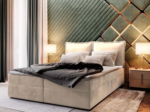 LENTE ágyneműtartós kárpitozott boxspring ágy matraccal 140x200 - krémszín
