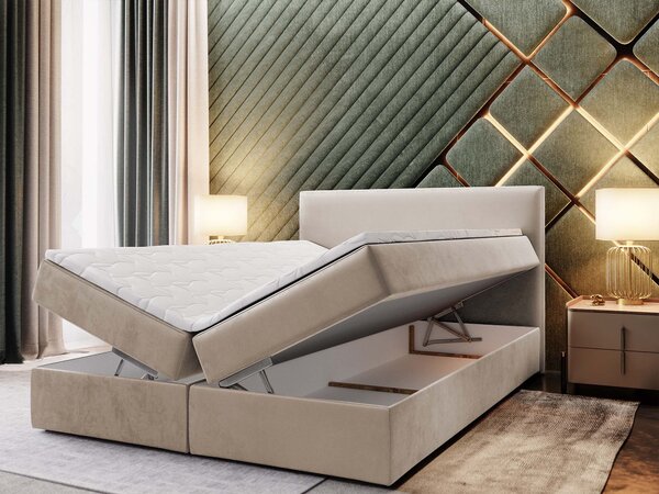 LENTE ágyneműtartós kárpitozott boxspring ágy matraccal 140x200 - krémszín