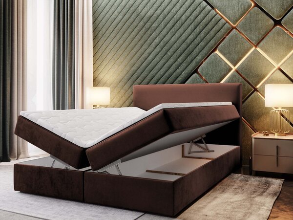 LENTE ágyneműtartós kárpitozott boxspring ágy matraccal 160x200 - csokoládébarna