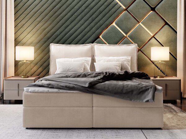 LENTE ágyneműtartós kárpitozott boxspring ágy matraccal 140x200 - krémszín
