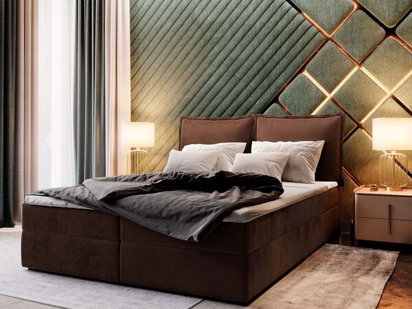 LENTE ágyneműtartós kárpitozott boxspring ágy matraccal 160x200 - csokoládébarna