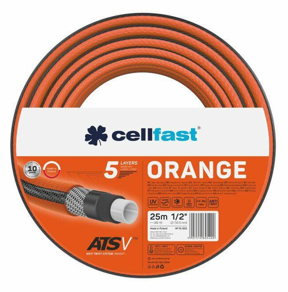 Cellfast ORANGE 5 rétegű kerti tömlő, 1/2", megerősített, 25 m hosszú, UV védelem, csavarásgátló