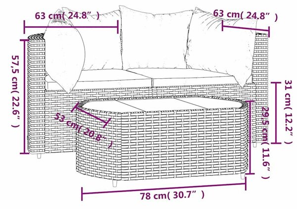 VidaXL 3 részes szürke polyrattan kerti ülőgarnitúra párnákkal