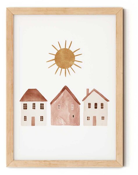 Házikók napocskával falikép gyerekszobába A4 (21x30 cm)