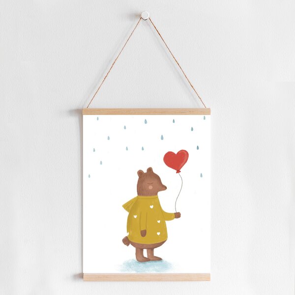 Maci szívecske lufival falikép gyerekszobába A4 (21x30 cm)