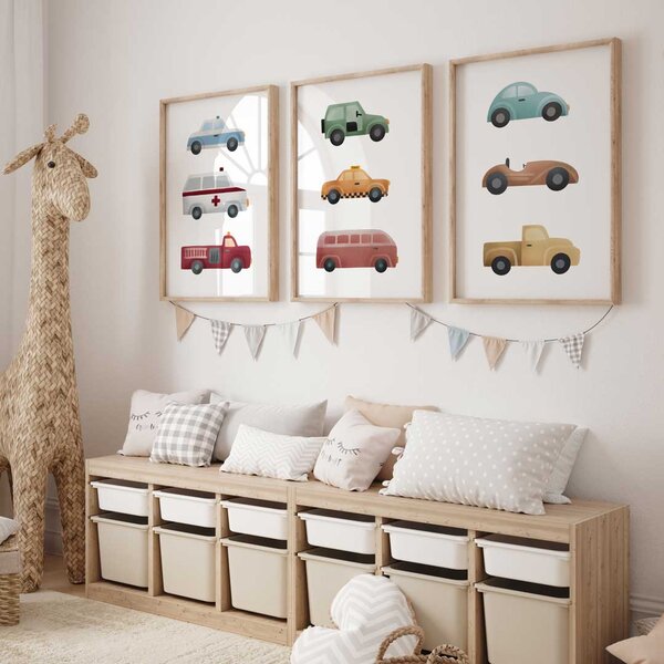 Autós falikép szett gyerekszobába: 9db színes autó A4 (21x30 cm)