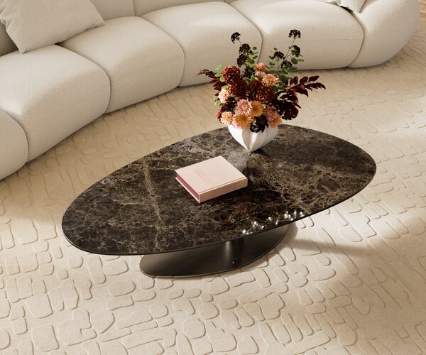 DELIFE Dohányzóasztal Edge ovális 140x75 cm kerámia Laminam® Emperador Extra Lucidato sötétbarna Vibany rozsdamentes acél szálcsiszolt