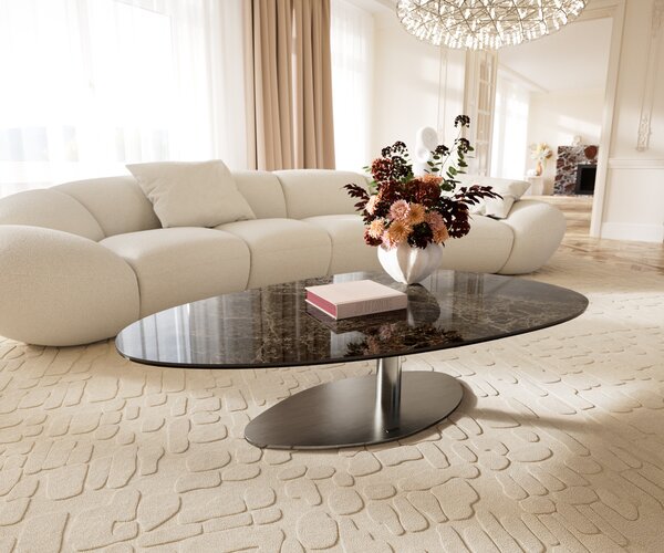 DELIFE Dohányzóasztal Edge ovális 140x75 cm kerámia Laminam® Emperador Extra Lucidato sötétbarna Vibany rozsdamentes acél szálcsiszolt