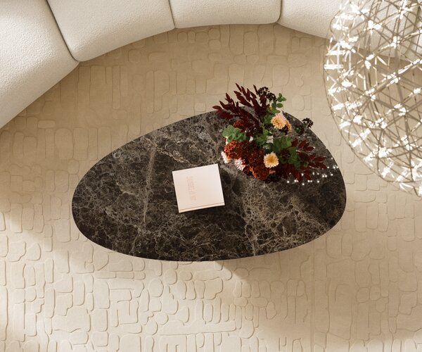 DELIFE Dohányzóasztal Edge ovális 140x75 cm kerámia Laminam® Emperador Extra Lucidato sötétbarna Vibany rozsdamentes acél szálcsiszolt