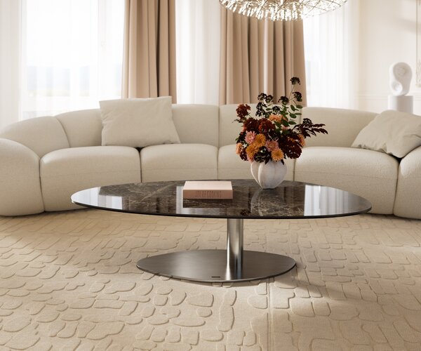 DELIFE Dohányzóasztal Edge ovális 140x75 cm kerámia Laminam® Emperador Extra Lucidato sötétbarna Vibany rozsdamentes acél szálcsiszolt