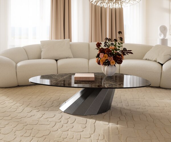 DELIFE Dohányzóasztal Edge ovális 140x75 cm kerámia Laminam® Emperador Extra Lucidato sötétbarna Parabi metál ezüst