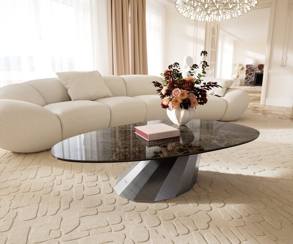 DELIFE Dohányzóasztal Edge ovális 140x75 cm kerámia Laminam® Emperador Extra Lucidato sötétbarna Parabi metál ezüst