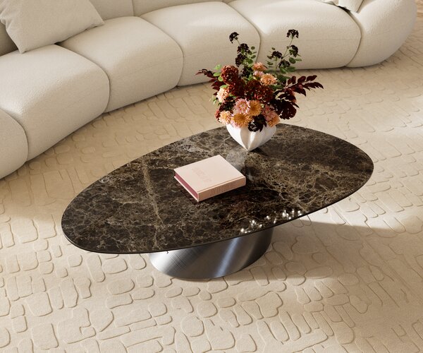 DELIFE Dohányzóasztal Edge ovális 140x75 cm kerámia Laminam® Emperador extra fényes sötétbarna kúpos metál ezüst