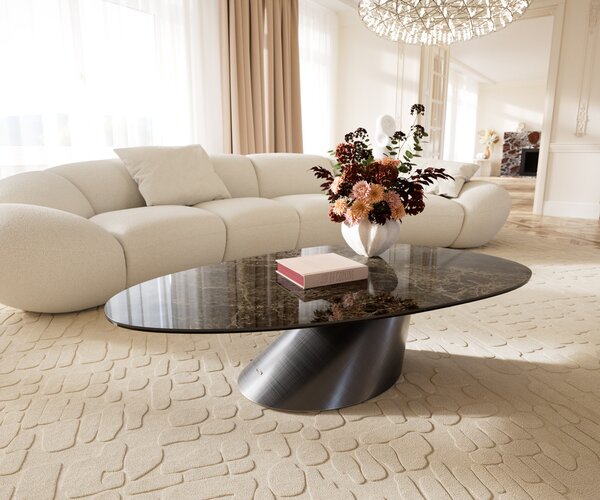 DELIFE Dohányzóasztal Edge ovális 140x75 cm kerámia Laminam® Emperador extra fényes sötétbarna kúpos metál ezüst