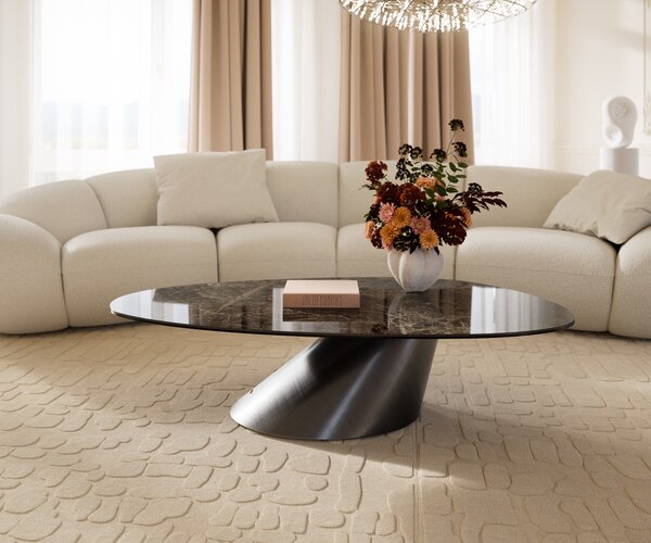 DELIFE Dohányzóasztal Edge ovális 140x75 cm kerámia Laminam® Emperador extra fényes sötétbarna kúpos metál ezüst