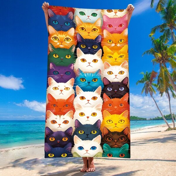 Gyorsan száradó strandtörölköző MEOW 100x180 cm színes, 100% mikroszálas