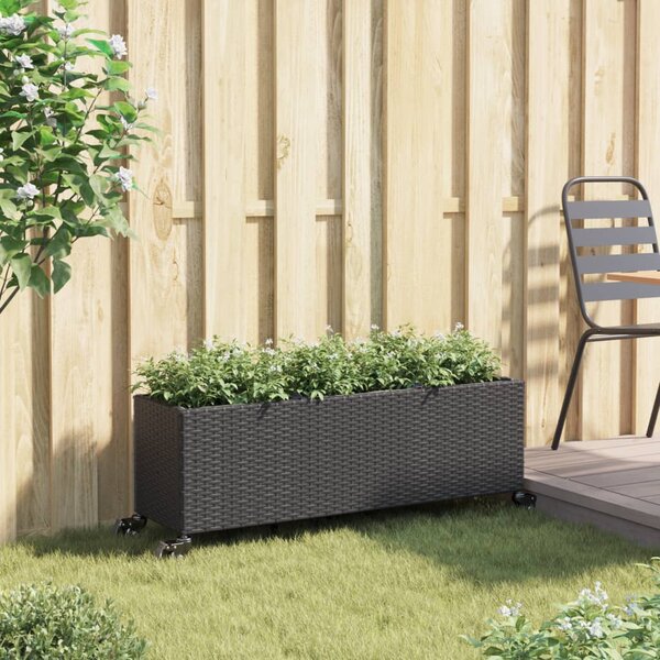 Fekete polyrattan növénytartó kerékkel/3 cseréppel 107x32x38 cm