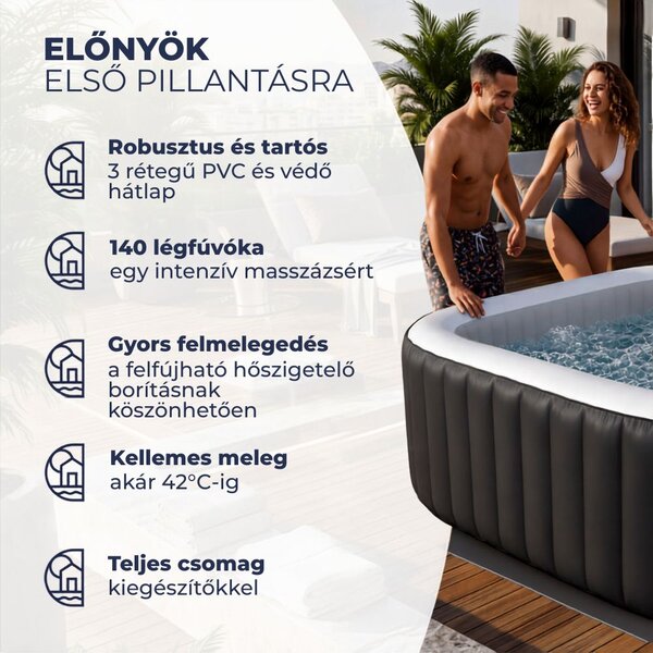 OASIS felfújható pezsgőfürdő 6 személy részére, négyzet alakú, fekete Casaria