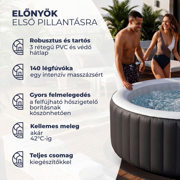 OASIS felfújható pezsgőfürdő 6 személy részére, kerek, fekete Casaria