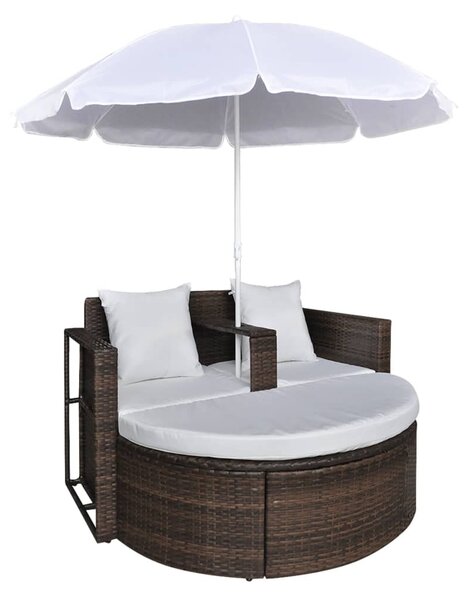 Barna polyrattan kerti ágy napernyővel