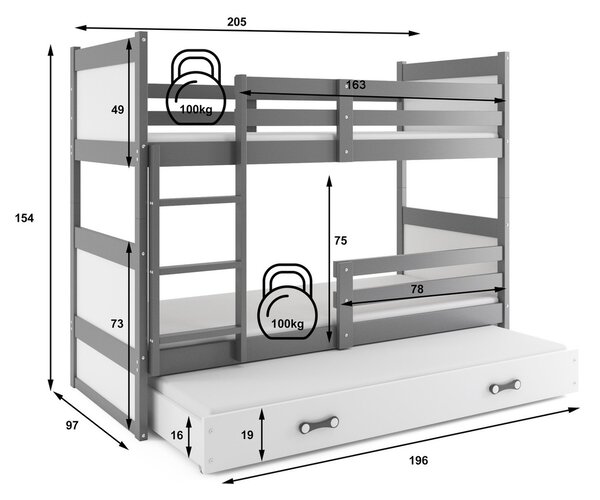 RICO emeletes gyerekágy kihúzható ággyal 200x90 cm Fehér Szürke