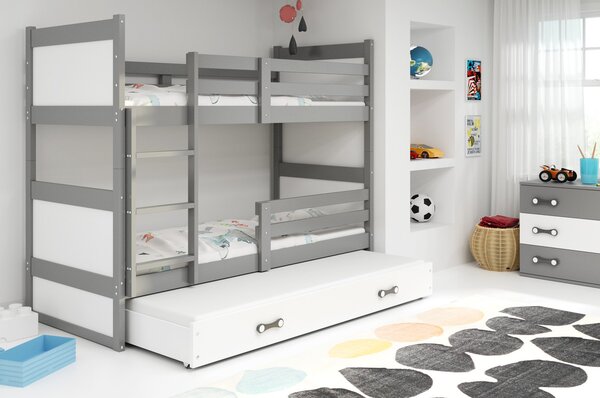 RICO emeletes gyerekágy kihúzható ággyal 200x90 cm Fehér Szürke